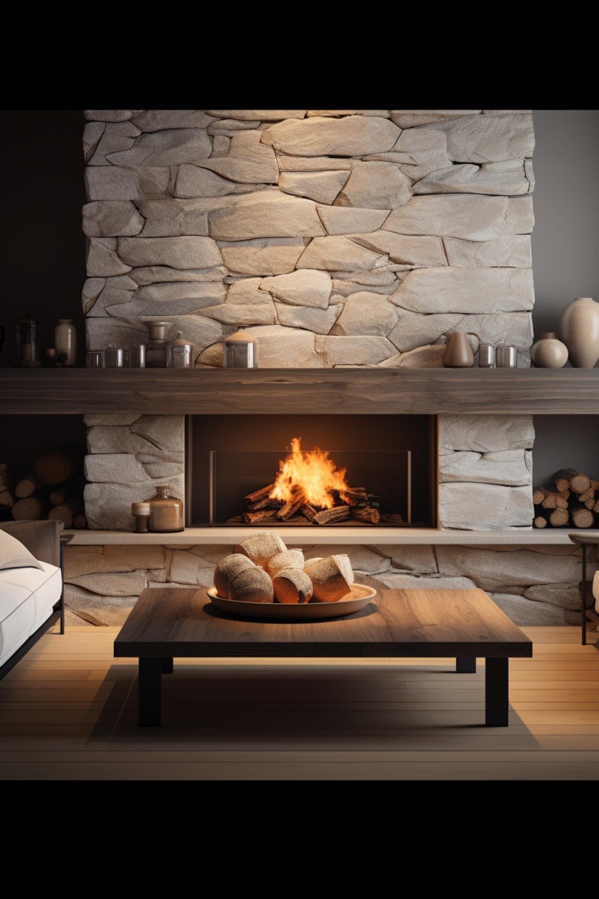 Whitewash Stone Modern Fireplace