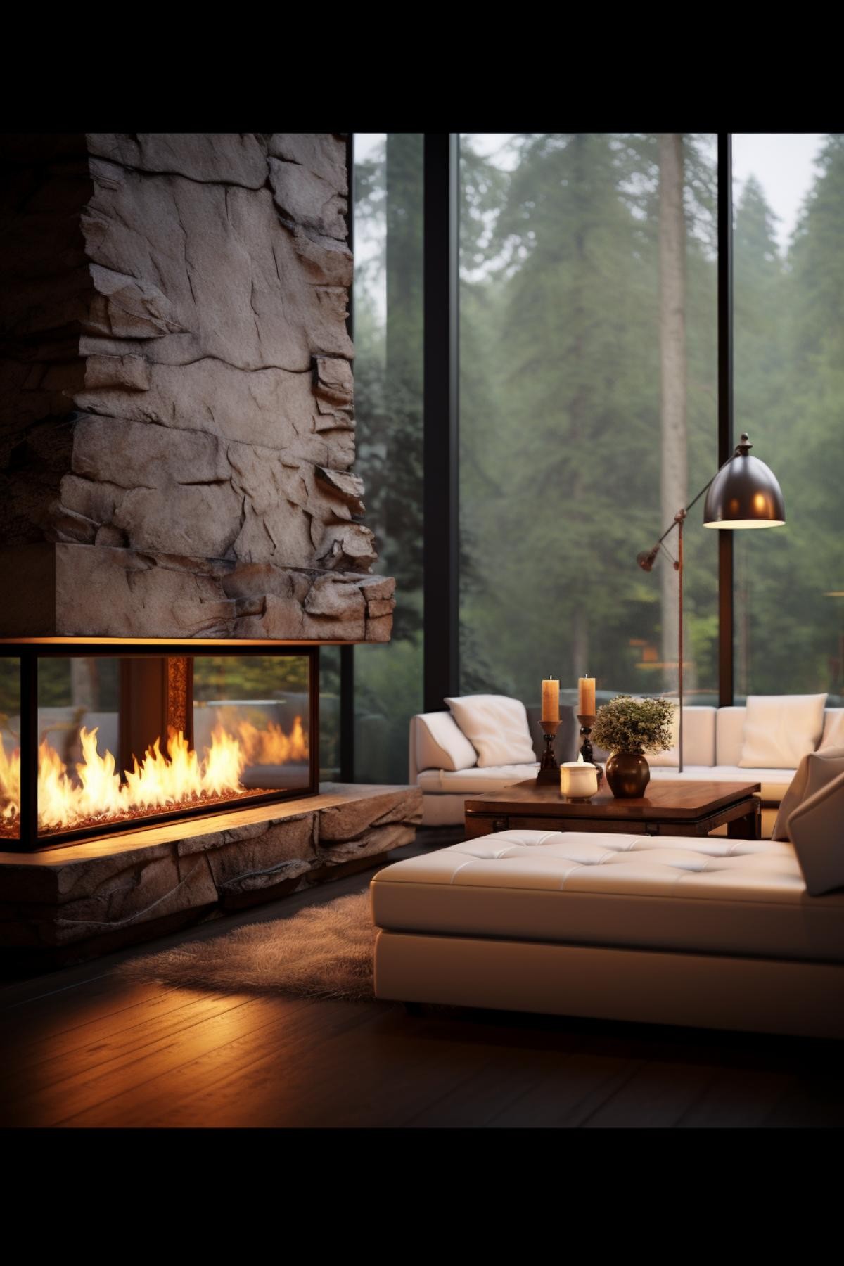 Stone Fireplace and Misty Mountains