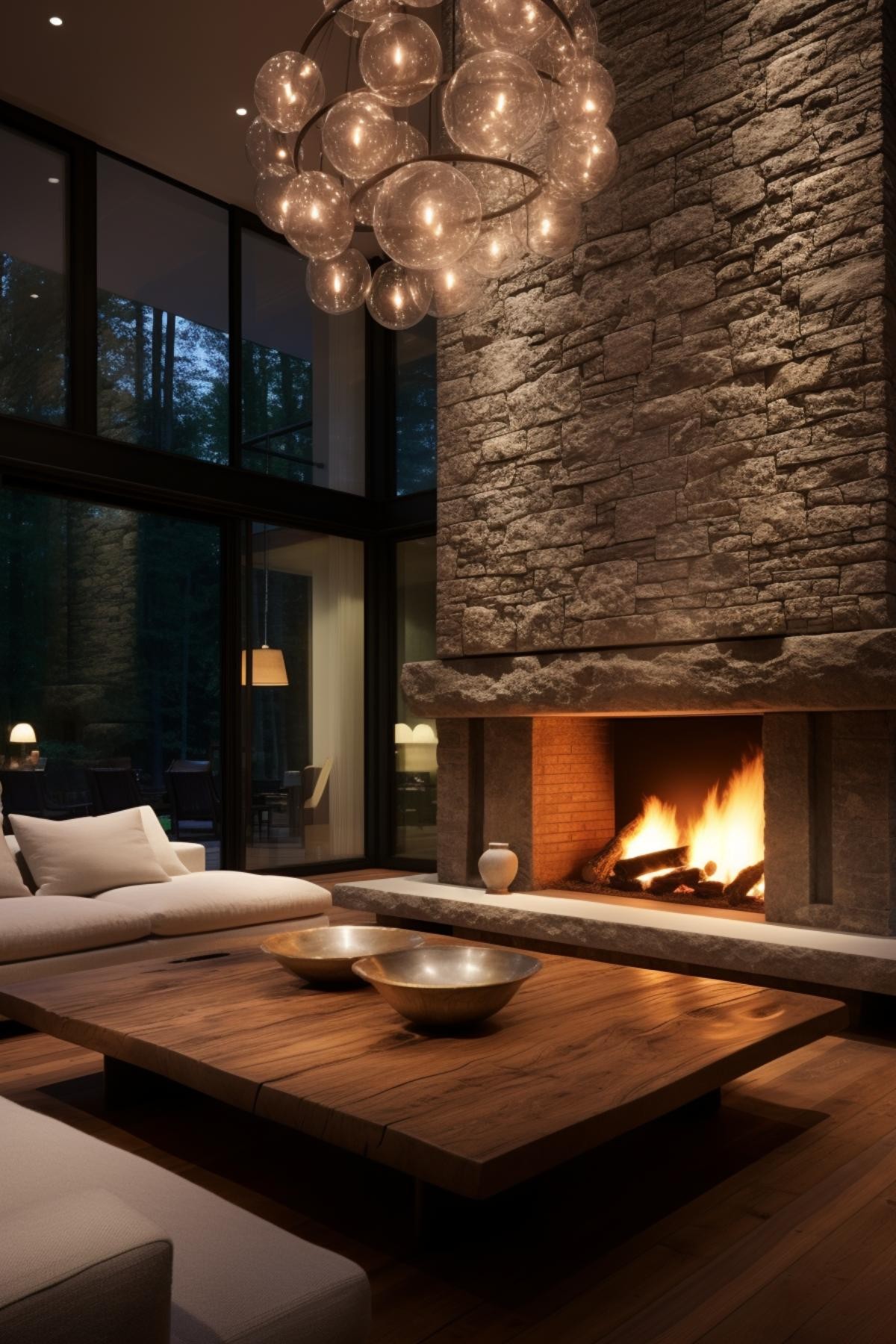 Expansive Dry Stack Stone Fireplace