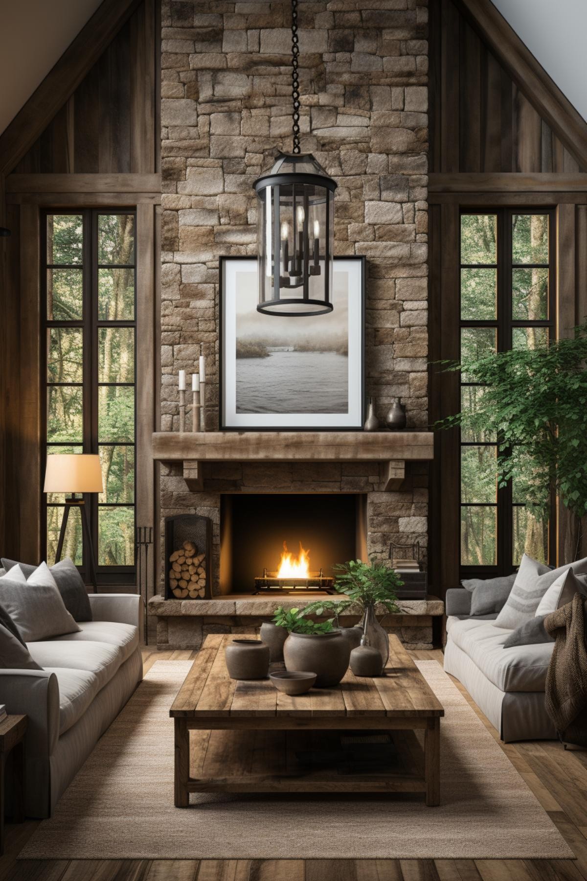 Classic Stone and Wood Fireplace