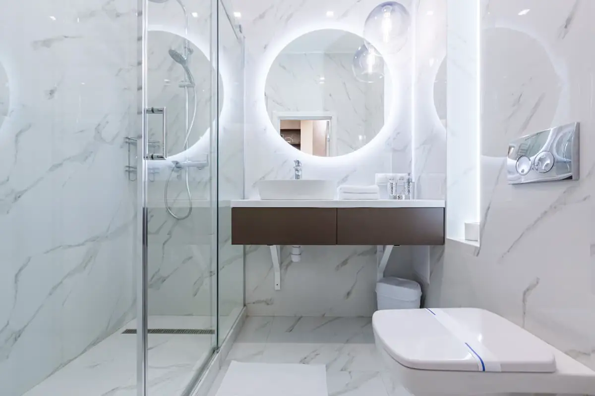 Cool Gray and White Shower With Porcelain Slabs