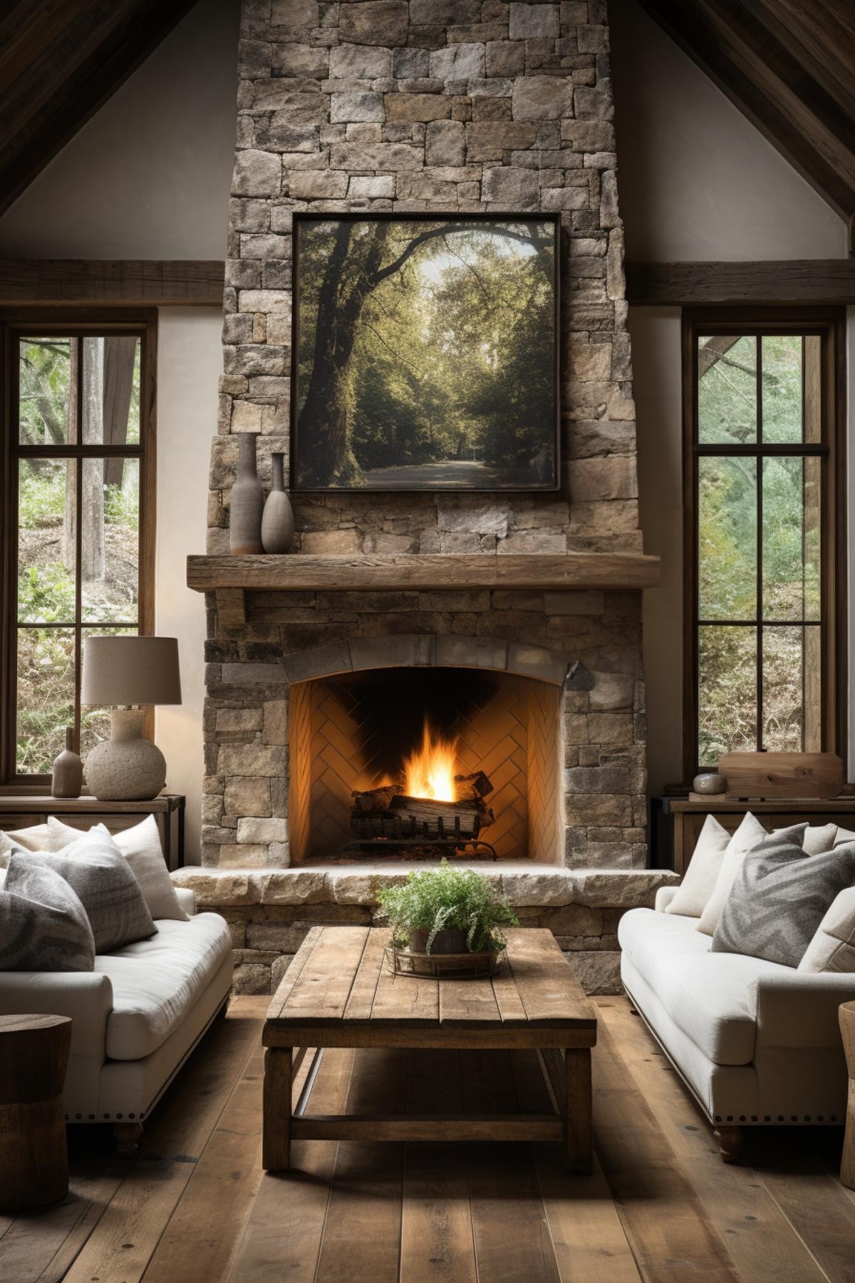 Stone Fireplace and High Ceilings