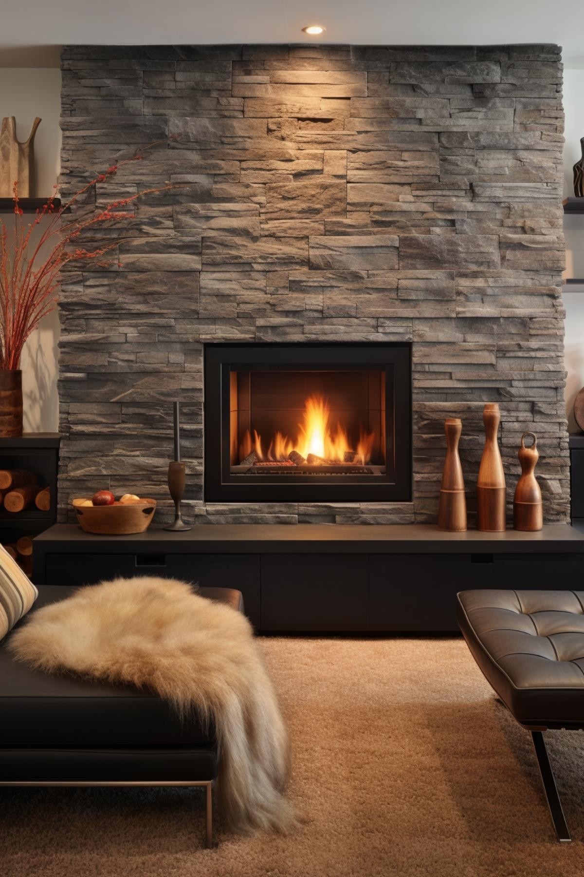Gray and Black Stone Fireplace