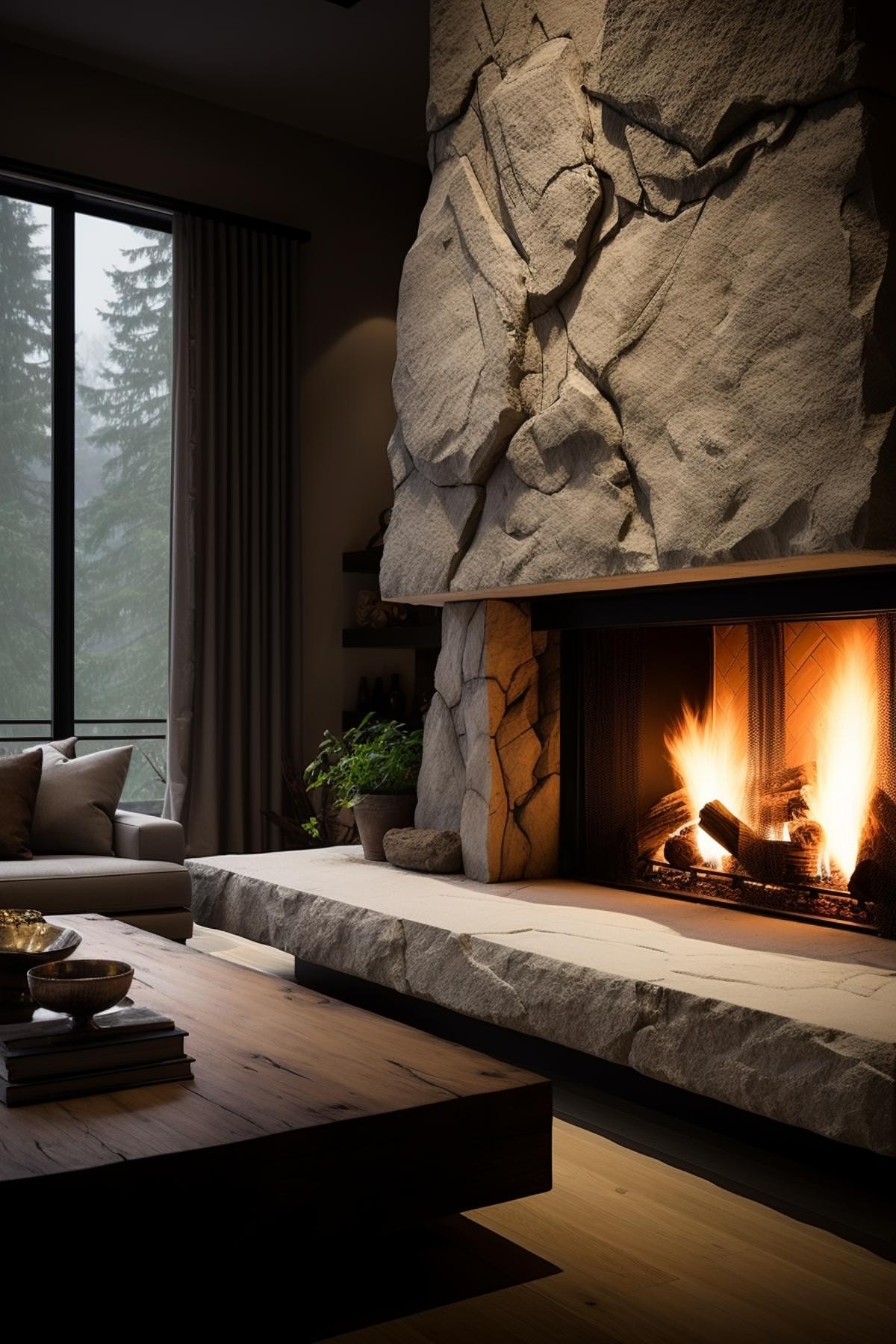 Expansive Stone Fireplace