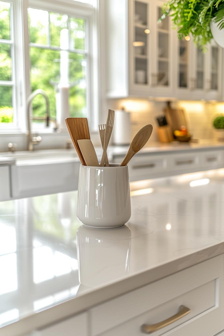 Porcelain Jar Filled With Spatulas in a Contemporary Kitchen