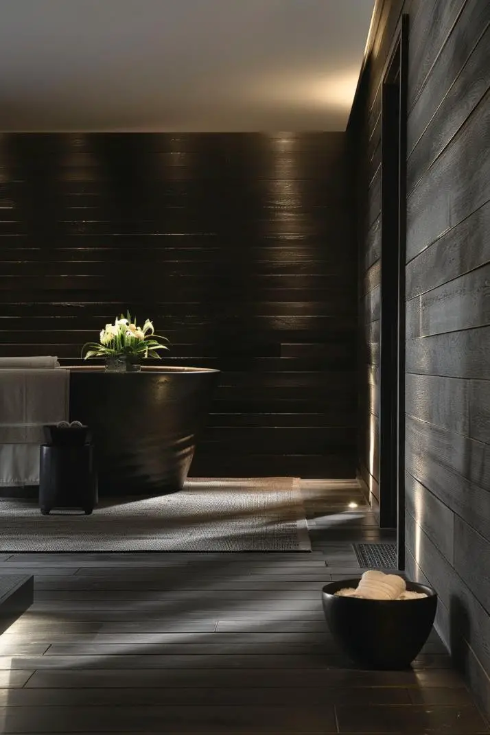 Charcoal Shiplap With Soft Lighting in a Spa Room
