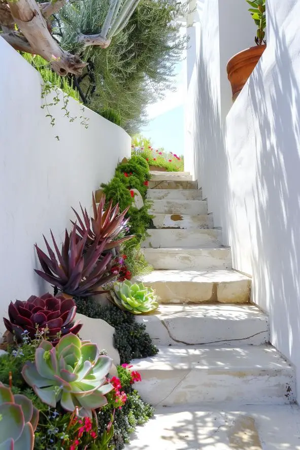 White Stone Steps With Succulent Borders