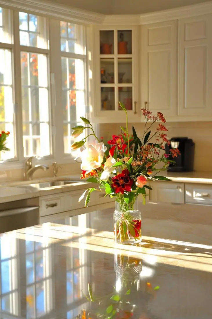 Seasonal Floral Arrangement in a Bright Kitchen