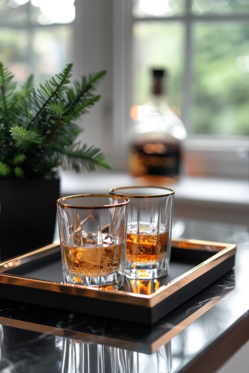 Black Tray With Gold-Lined Glasses on the Bar