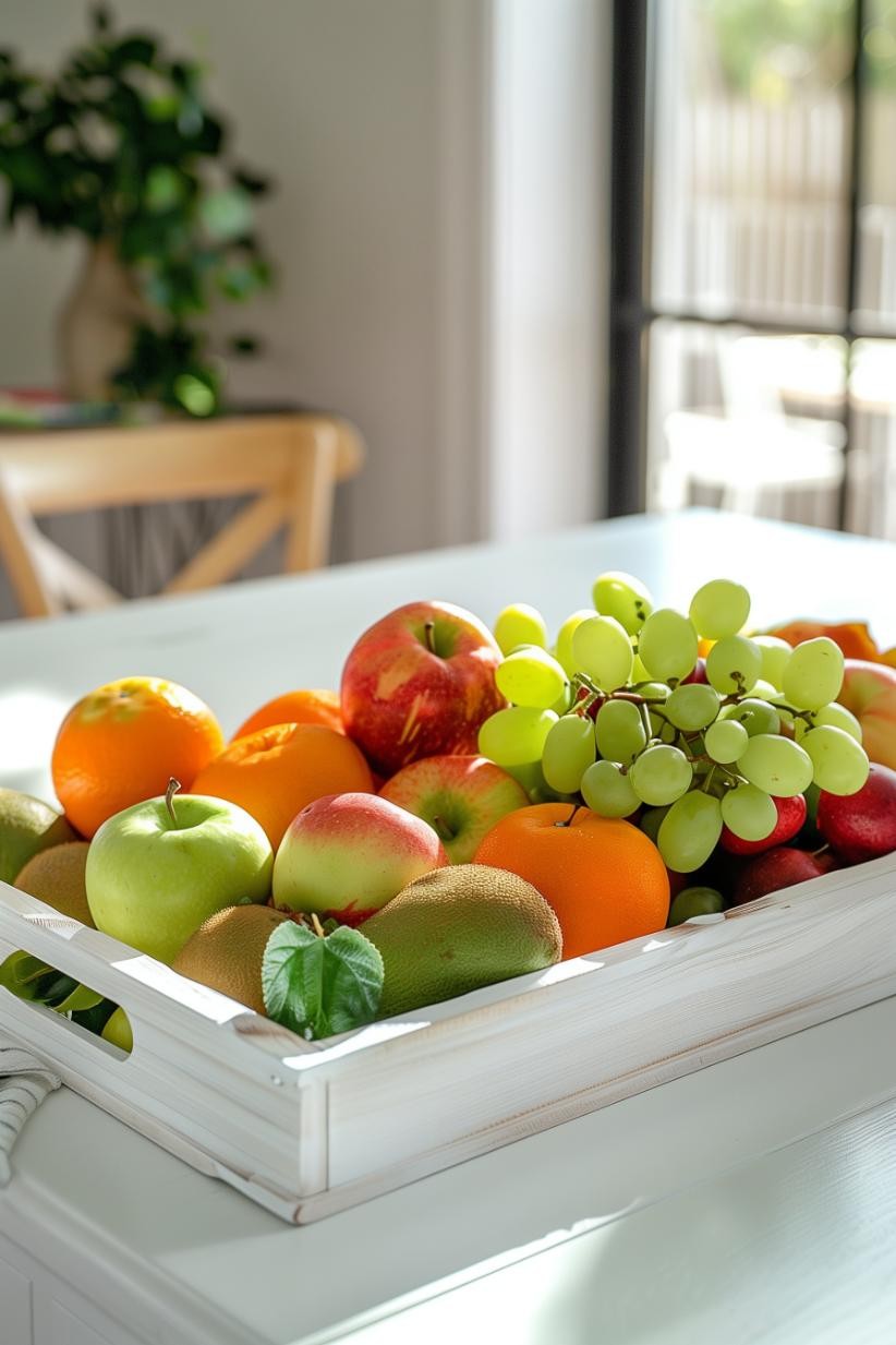 White Wooden Tray With Fruits on the Kitchen Table