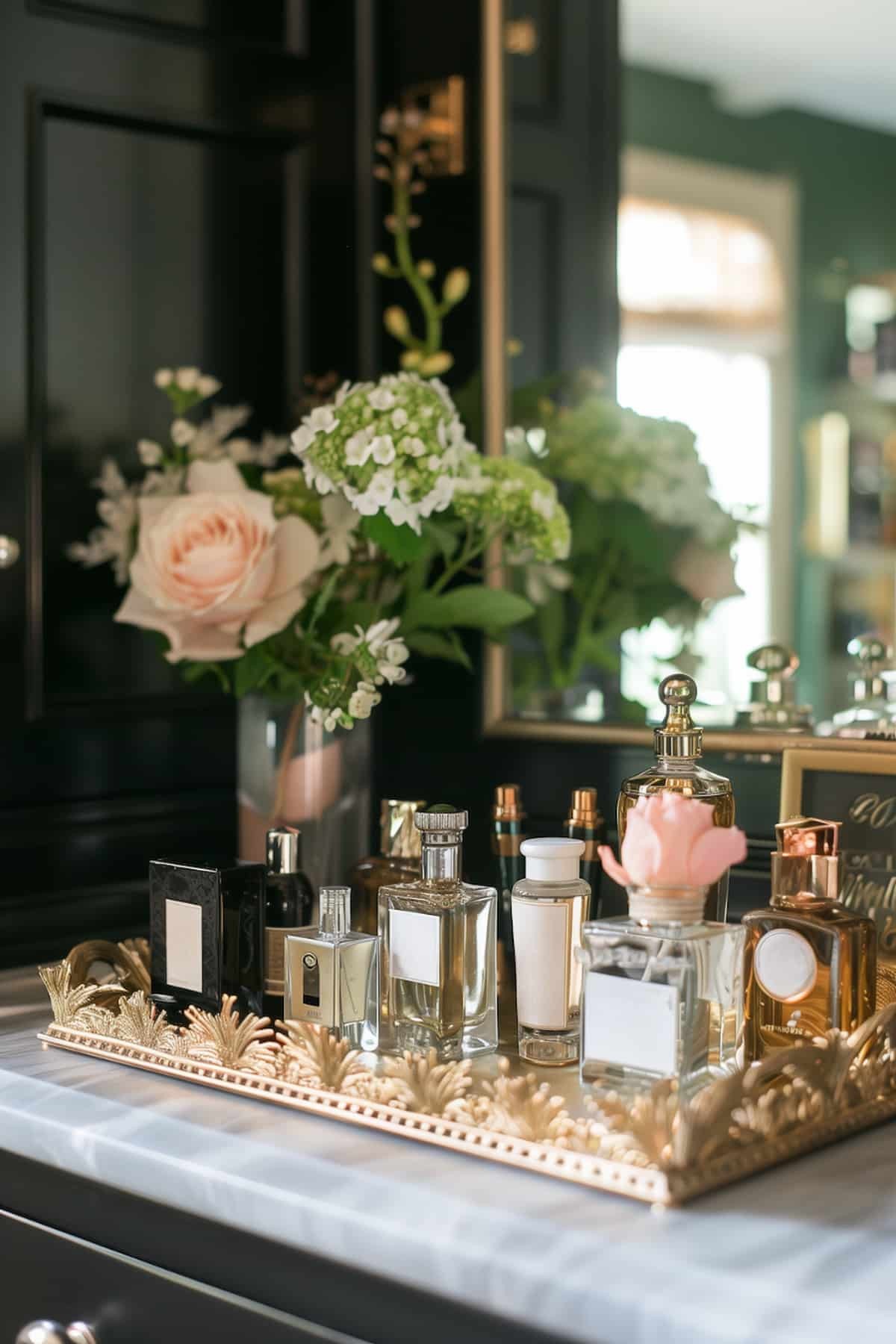 Gold Gilded Tray of Perfume on a Vanity