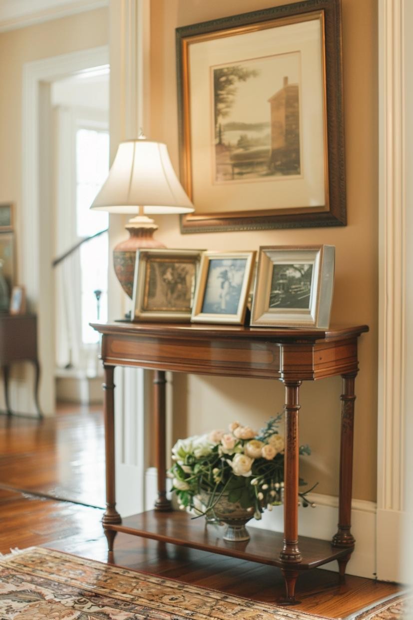 Antique Console Table With Framed Art