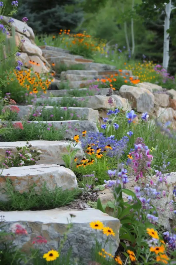 Stone Slab Staircase Surrounded by Wildflowers