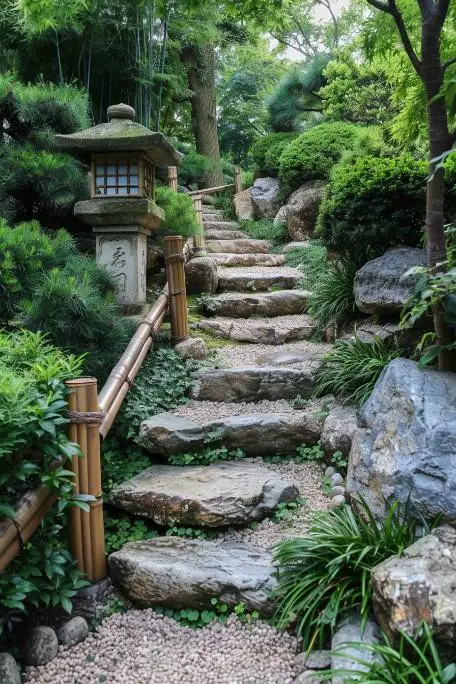 Japanese-Inspired Stone Steps With Bamboo Handrails