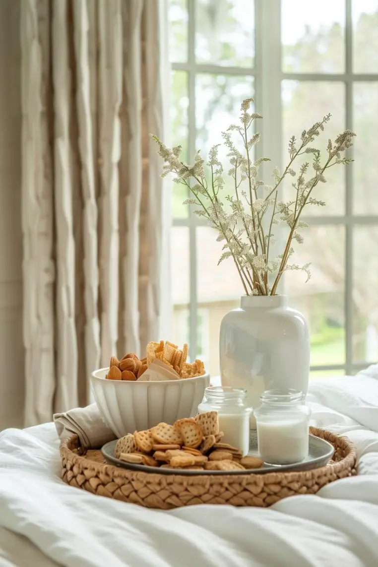 A Simple Woven Tray With Snacks in the Guest Bedroom