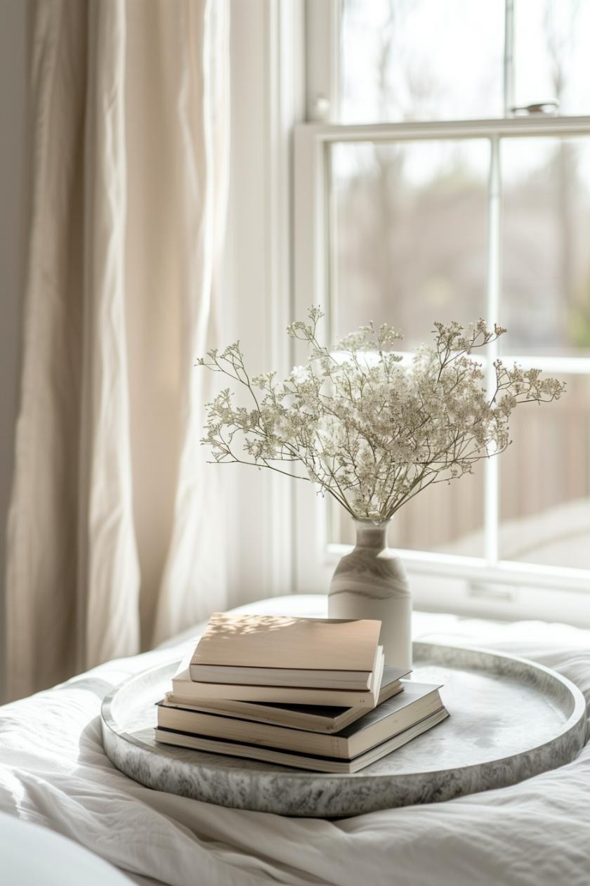 Marble Tray With a Stack of Books on the Bedside Table