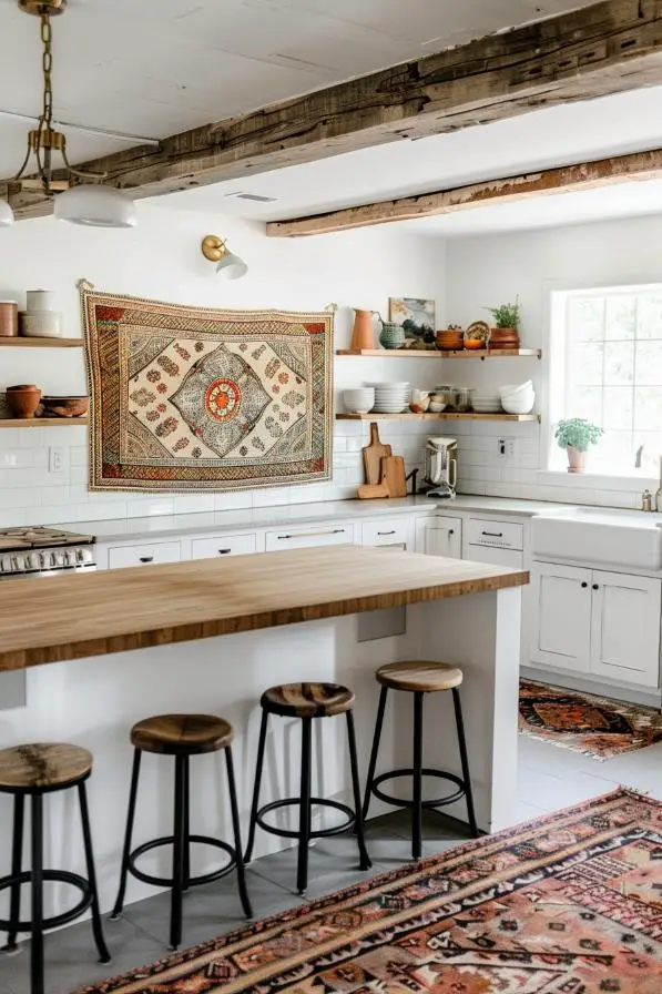 Globally Inspired Textiles in an Eclectic Kitchen