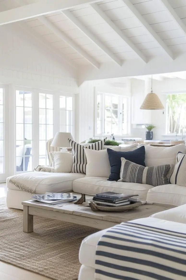 Coastal Hamptons Style With Nautical Stripes and Linen Upholstery