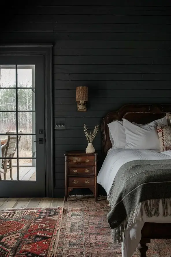 Narrow Dark Shiplap in a Cottage-Inspired Bedroom