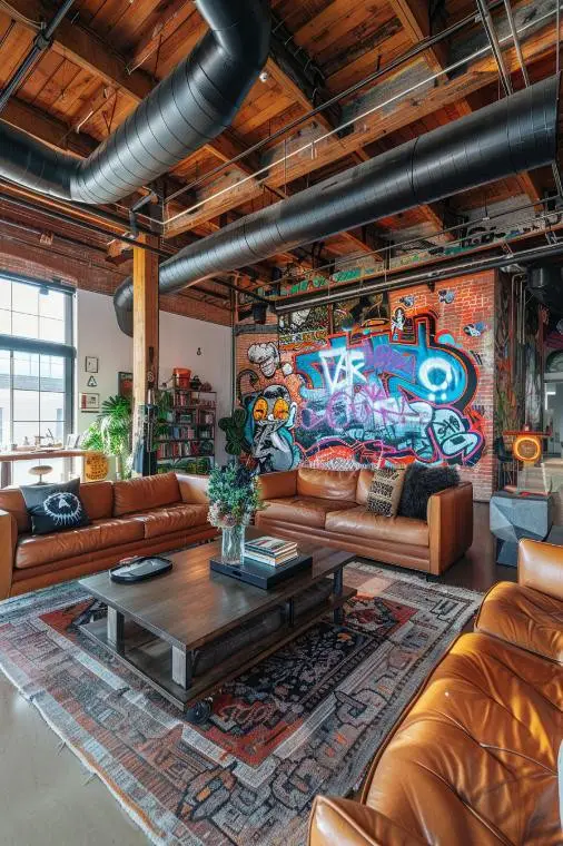 Artistic Industrial Loft With Exposed Pipes and Graffiti Art