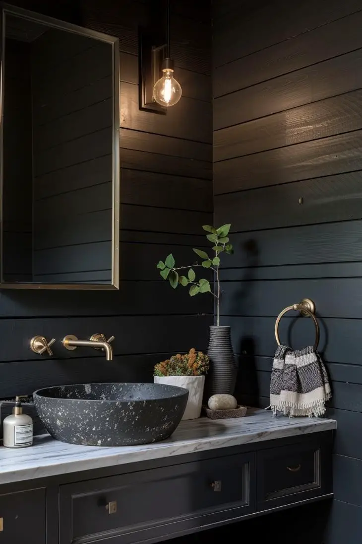 Bold Black Shiplap in a Luxe Powder Room