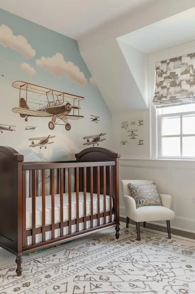 Vintage Airplane Mural in a Nursery