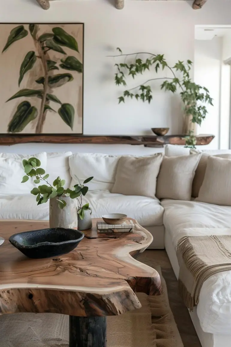 Earthy Naturalism With Live Edge Wood and Botanical Prints