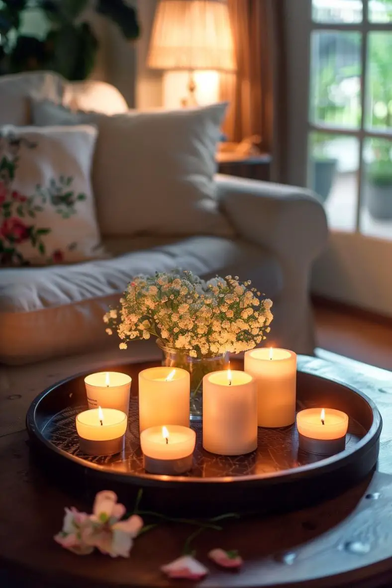 Dark-Colored Tray With Candles in the Living Room