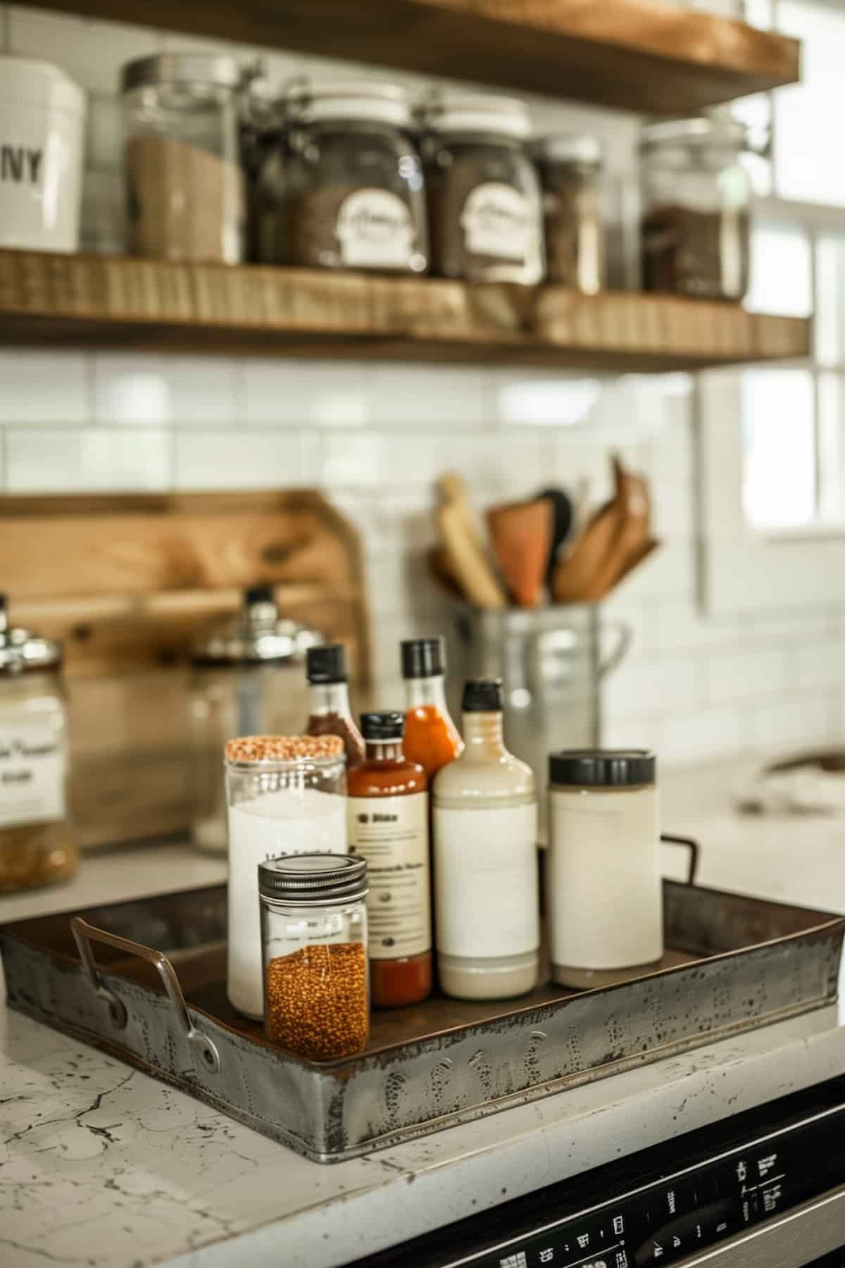 Distressed Metal Tray With Spices and Kitchen Essentials in a Farmhouse Kitchen