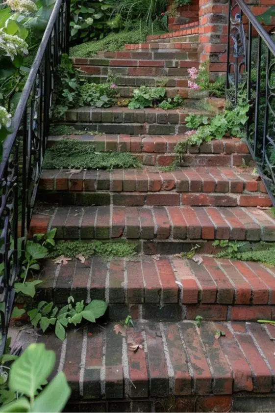Antique Brick Stairs With Wrought Iron Side Rails