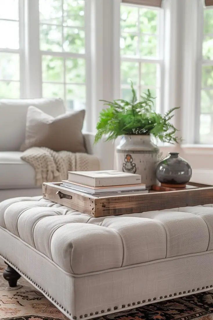 Wooden Trays With Coffee Table Books on a Stool in the Living Room