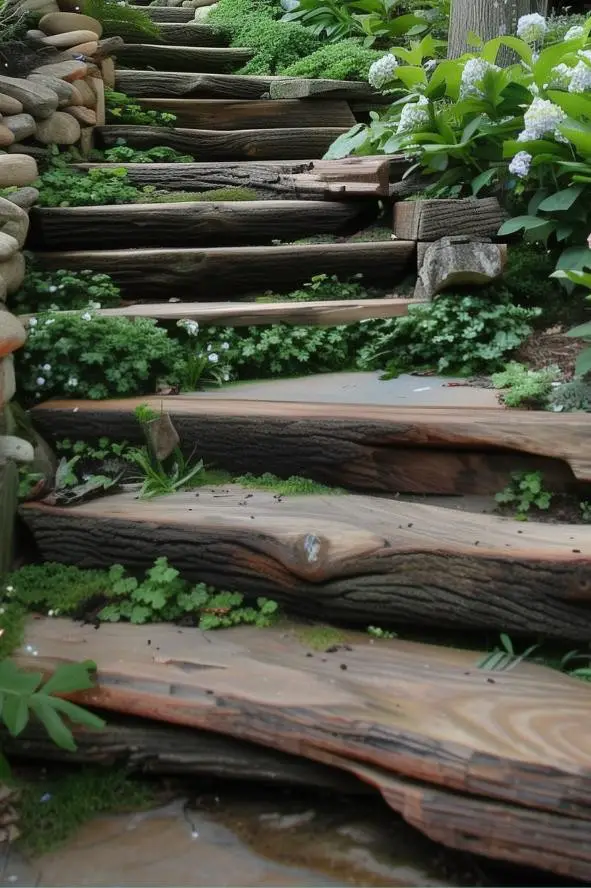 Rustic Wood Stairs on a Sloped Garden