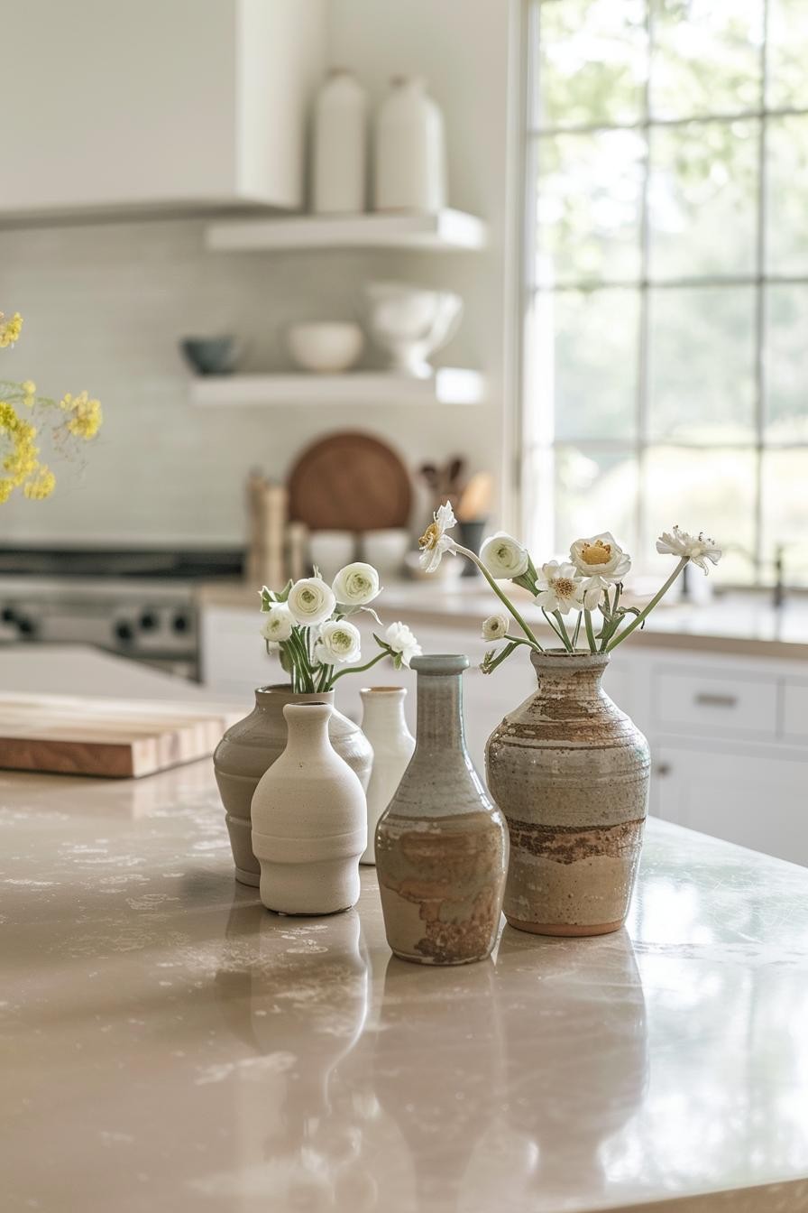 Hand-Crafted Pottery Vase Collection in an Artisan Kitchen