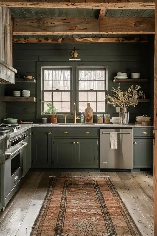 Dark Olive Shiplap With Wooden Elements in a Rustic Kitchen