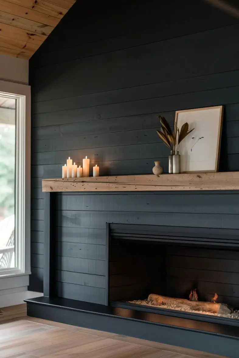 Deep Charcoal Shiplap in a Cozy Fireplace Nook