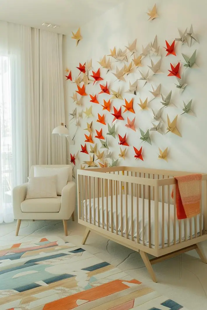 Origami Birds Flying Across the Wall in a Nursery