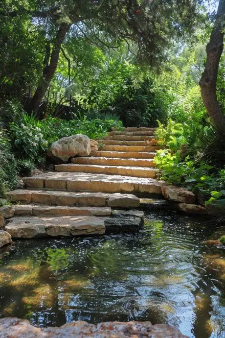 Stone Steps With a Beautiful Pond