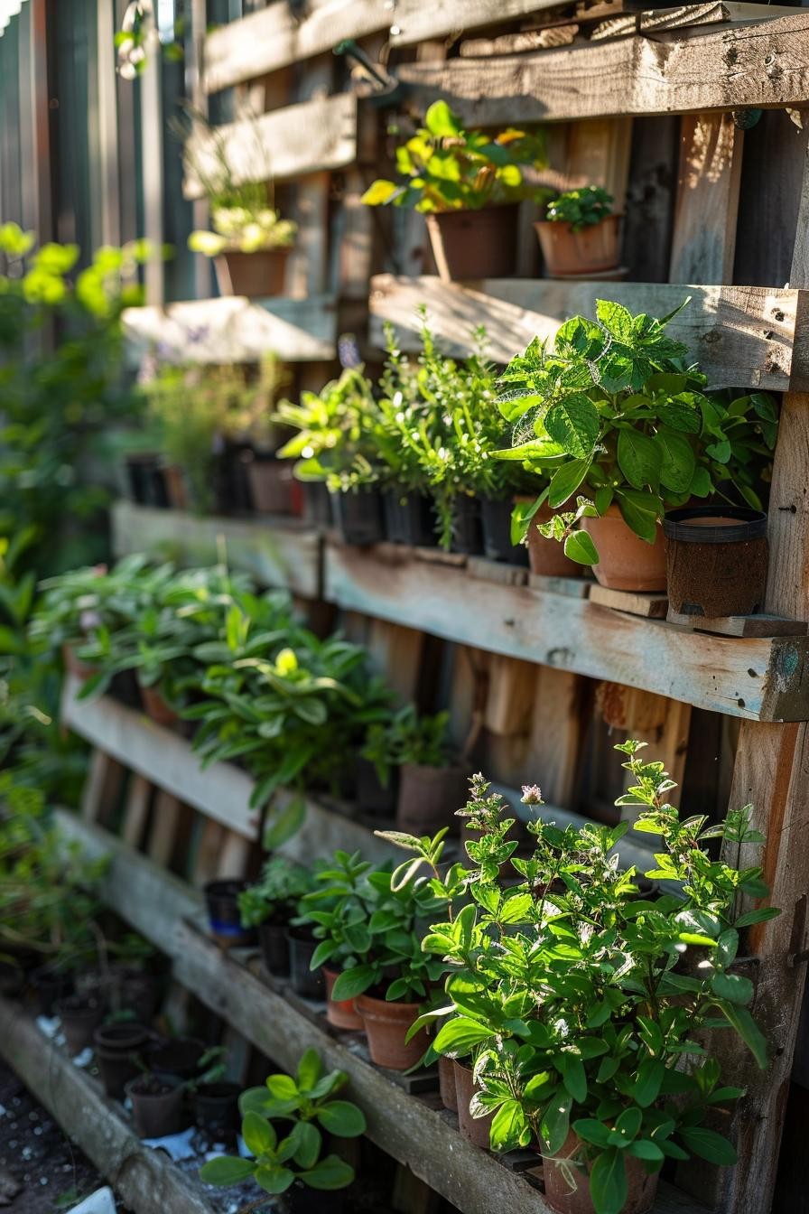 Pallet Herb Garden Leaning Against a Fence