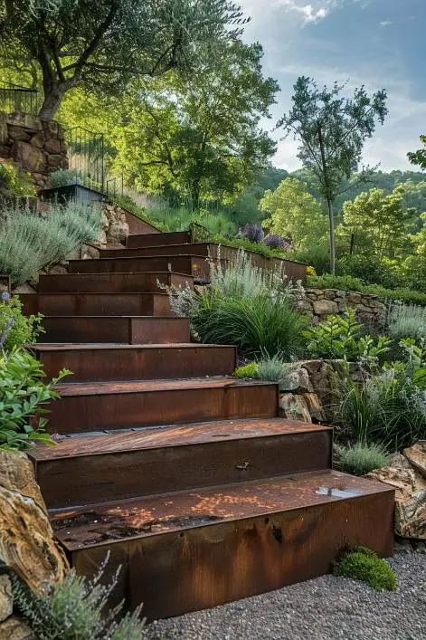 Weathered Steel Edging for Modern Rustic Steps