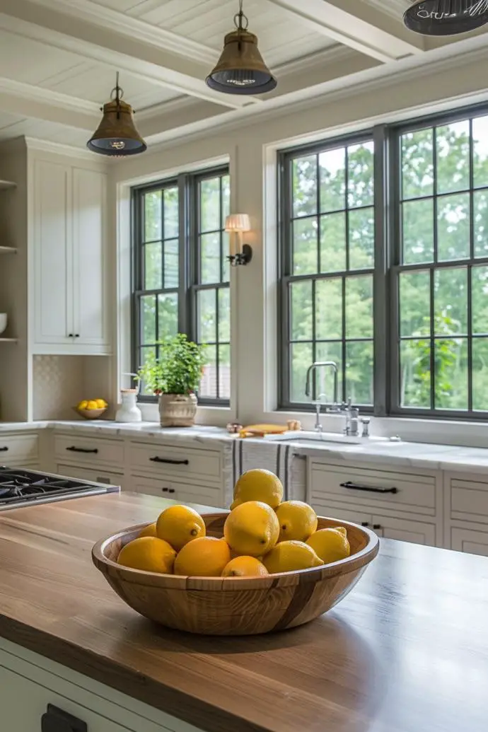 Wooden Bowl of Lemons in a Bright Kitchen
