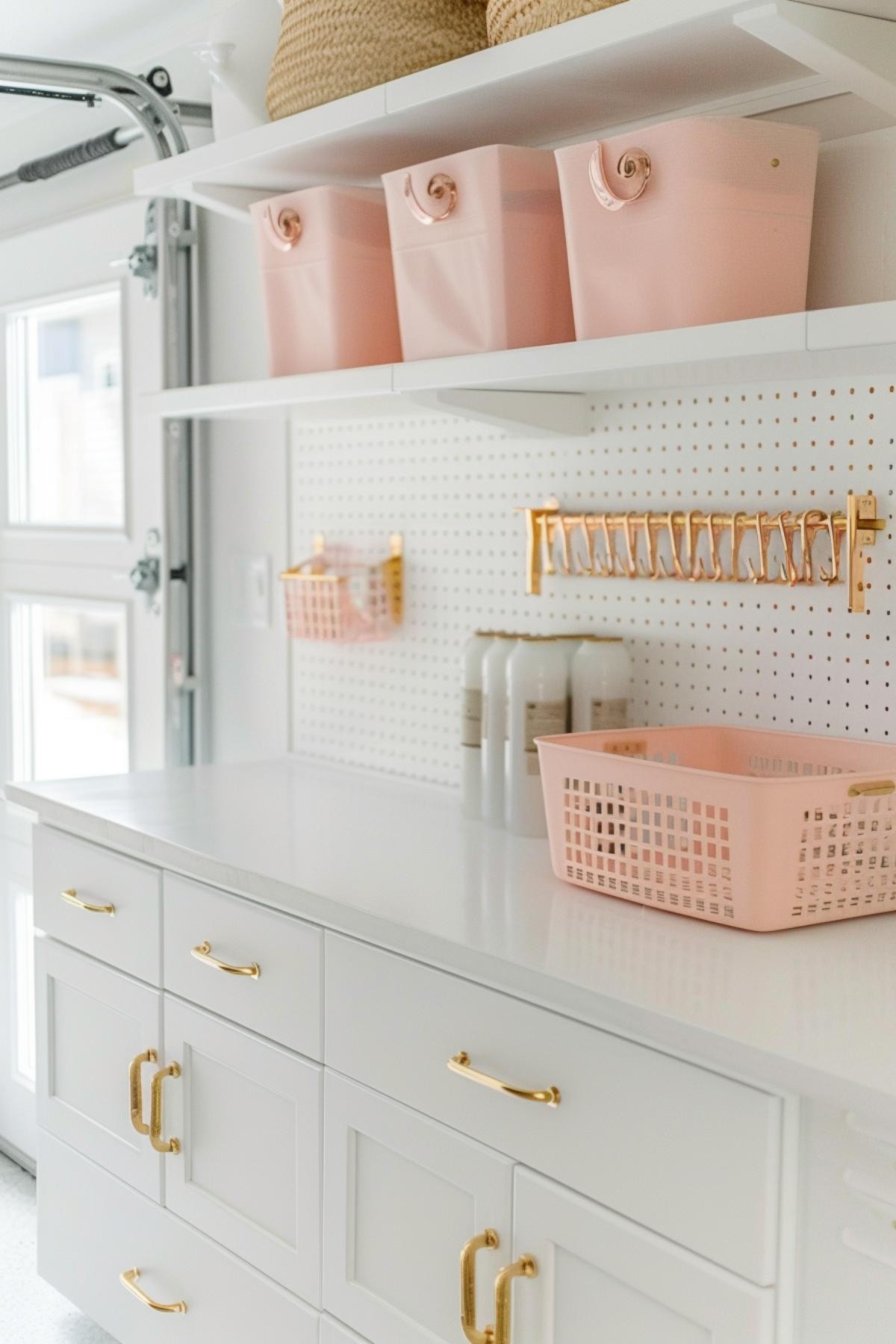 Pink Bins and White Shelves