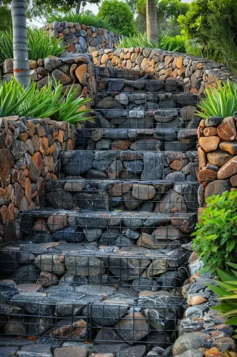 Gabion Wall Stairs Filled With River Rocks