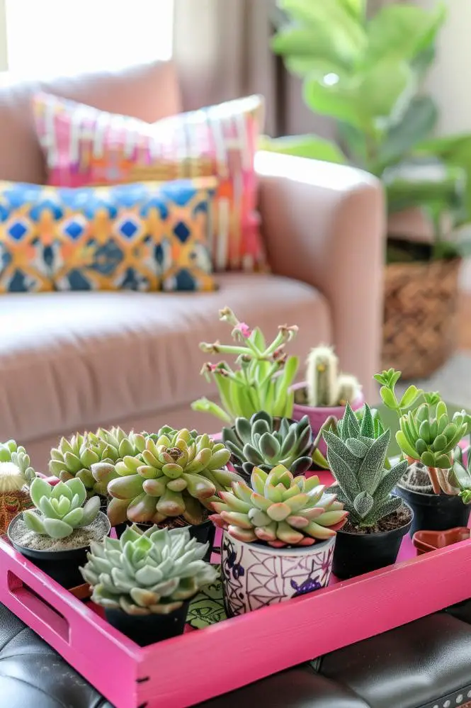 Pink Tray With Succulents on the Coffee Table