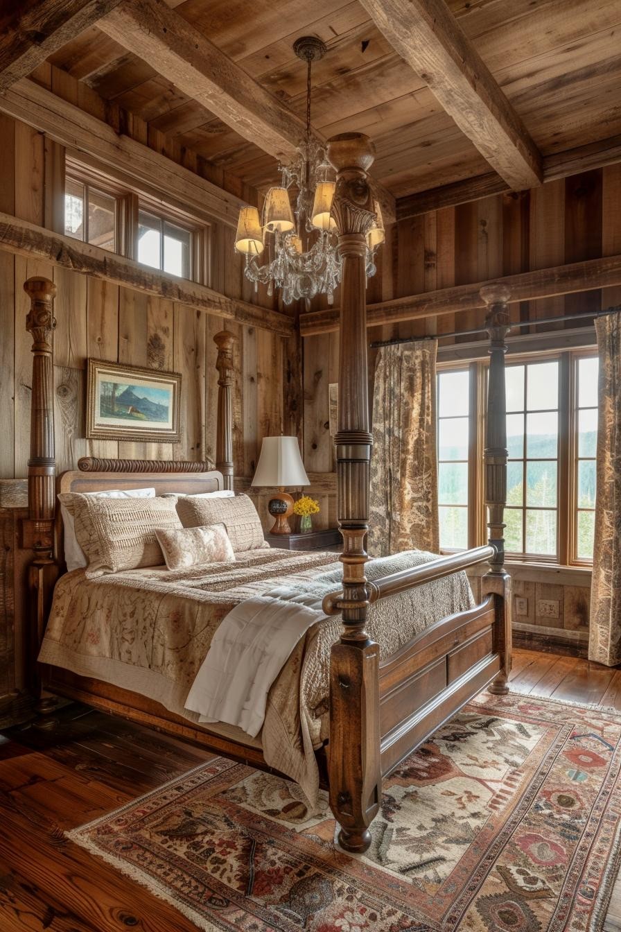 Rustic Wood Four-Poster Bed