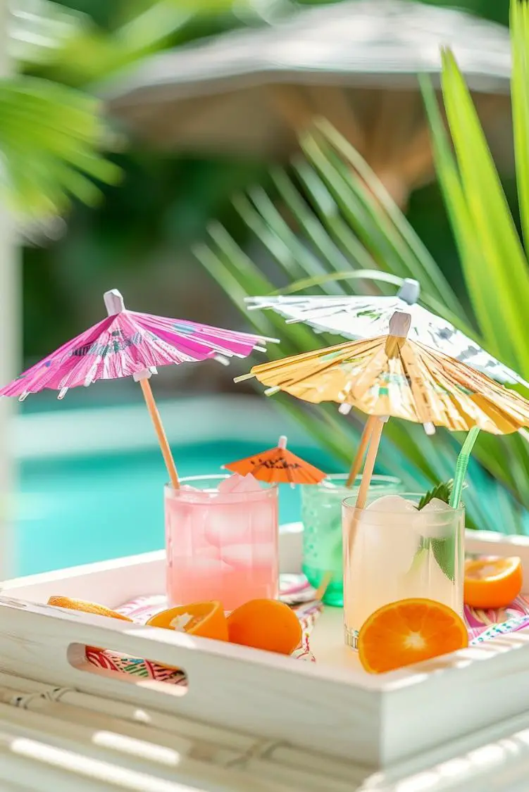 Wooden Tray With Tropical Drinks on the Patio Table