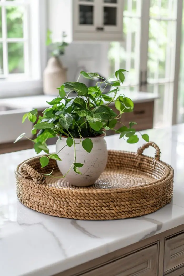 Woven Tray and Plants on a Marble Kitchen Island