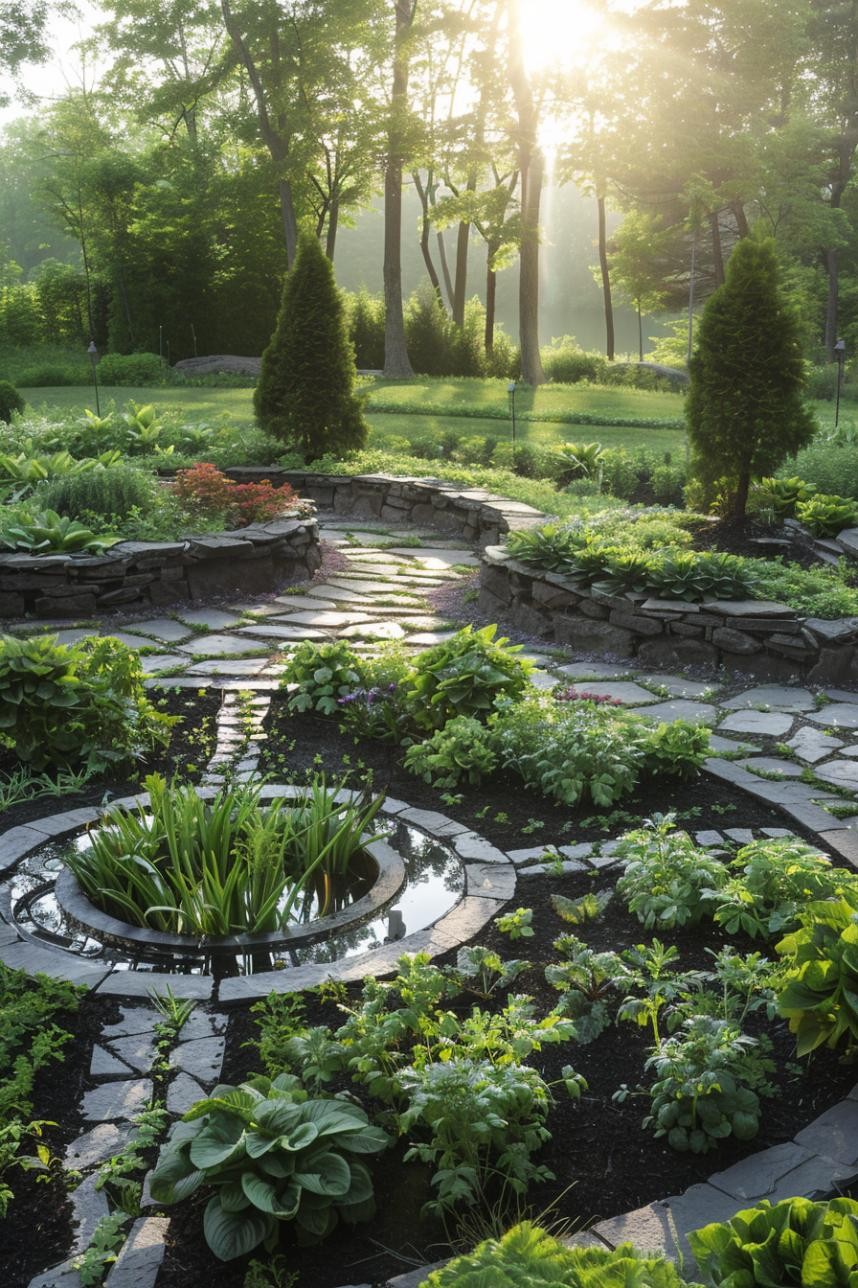 Herb Garden Circle With a Central Water Feature