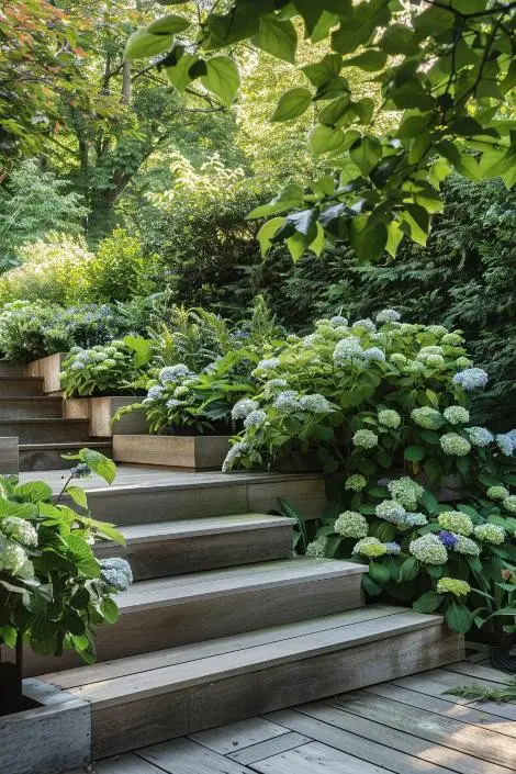 Multilevel Timber Steps With Built-In Planters