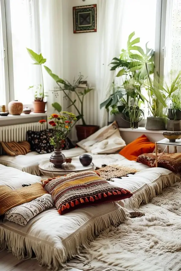 Cozy Bohemian Retreat With Floor Pillows and Textured Rugs