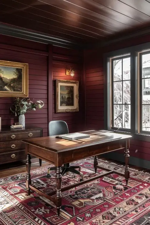 Deep Red Shiplap in a Vintage-Inspired Office